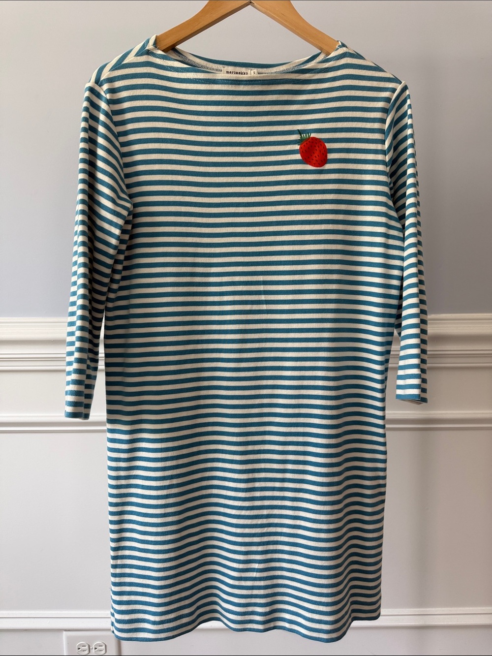 Marimekko Nauttia Mansikka Strawberry Stripe Dress S Blue White Cotton $225